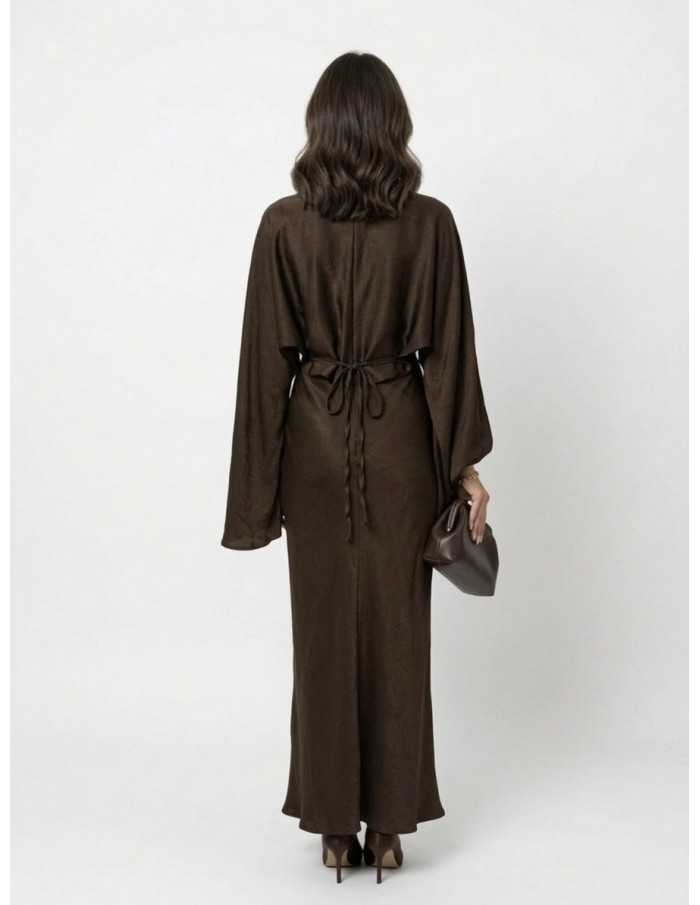 ROBE LONGUE CHOCOLAT COL DRAPÉ & MANCHES ÉVASÉES