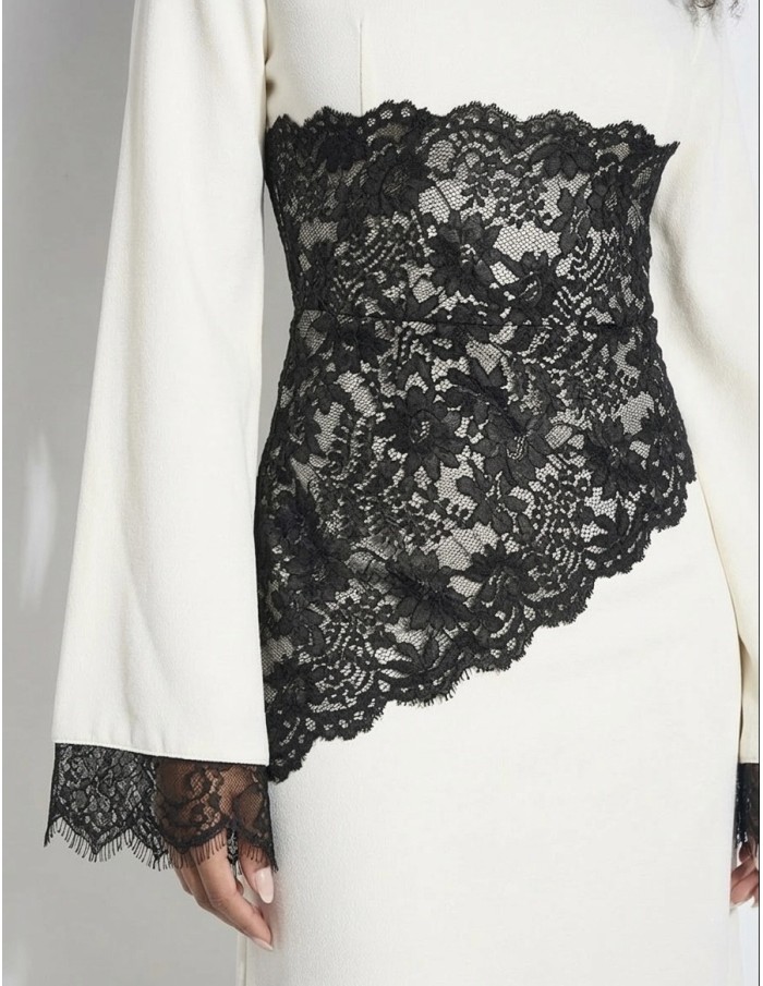 ROBE LONGUE IVOIRE DÉTAIL DENTELLE NOIRE - FEMME