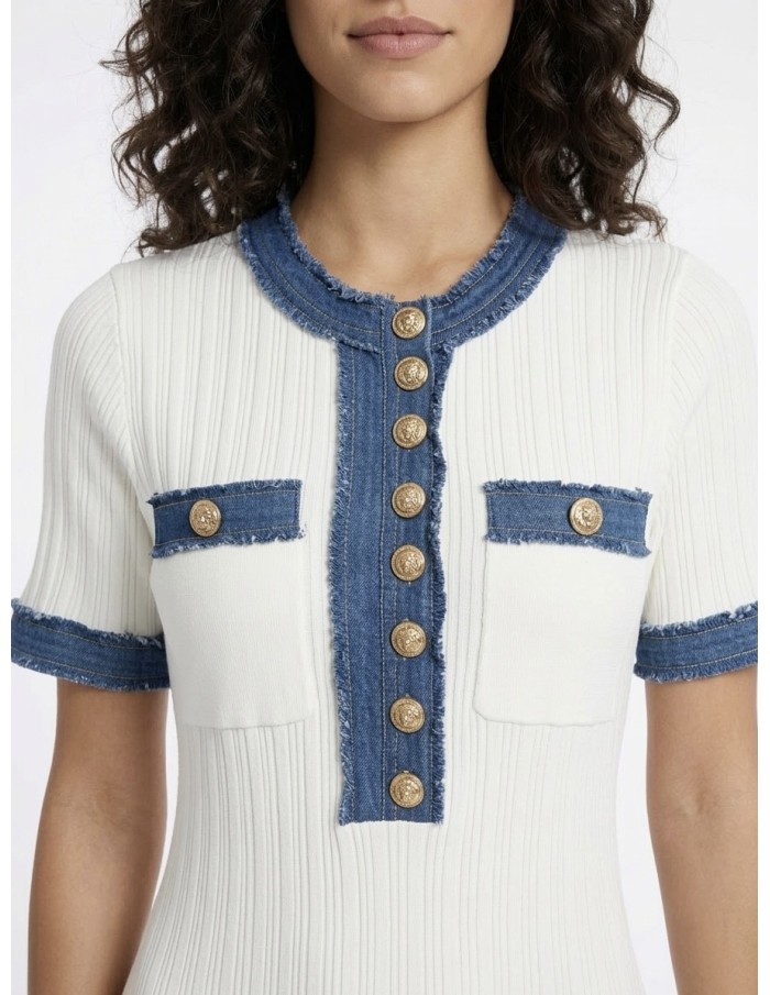 ROBE BLANCHE MAILLE CÔTELÉE DÉTAILS JEAN - FEMME