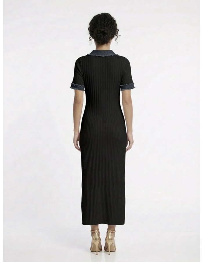 ROBE NOIR MAILLE CÔTELÉE DÉTAILS JEAN - FEMME