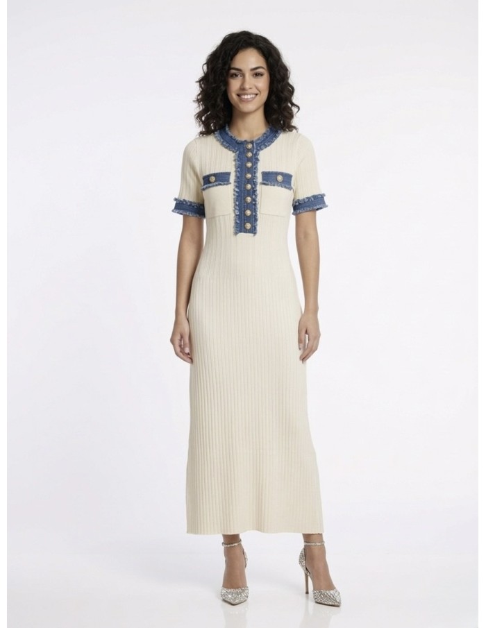 ROBE ECRU MAILLE CÔTELÉE DÉTAILS JEAN - FEMME