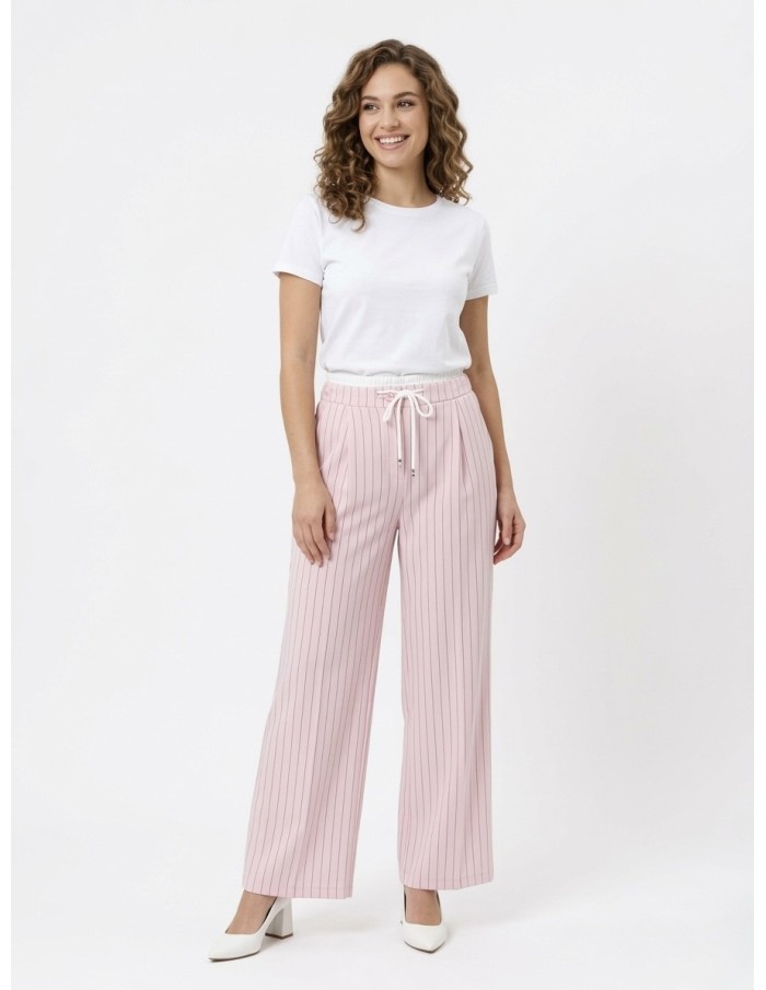 PANTALON FLUIDE ROSE A RAYURES ET CORDONS – FEMME