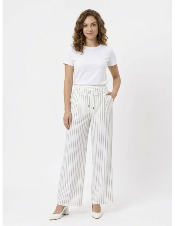 PANTALON FLUIDE BLANC A RAYURES ET CORDONS – FEMME