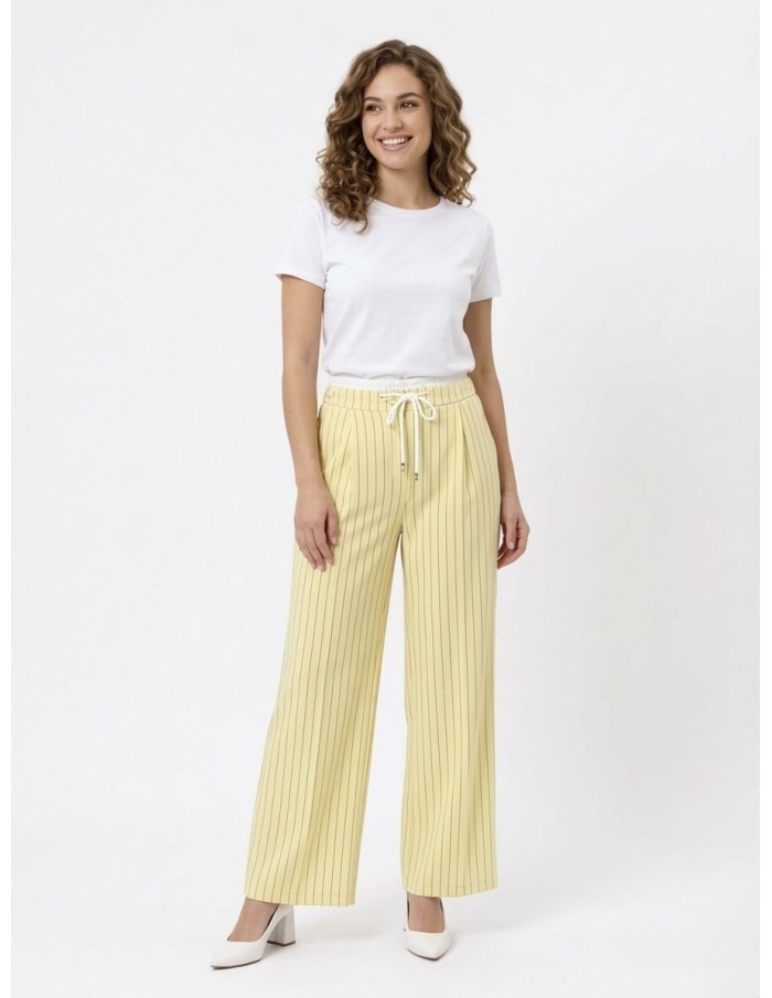 PANTALON FLUIDE JAUNE A RAYURES ET CORDONS – FEMME