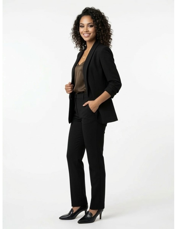 VESTE BLAZER UNI MANCHES FRONCÉS NOIR - FEMME