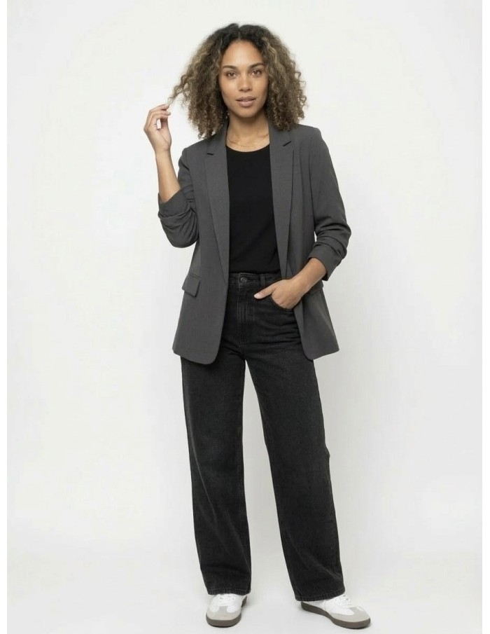 VESTE BLAZER UNI MANCHES FRONCÉS GRIS FONCÉ - FEMME