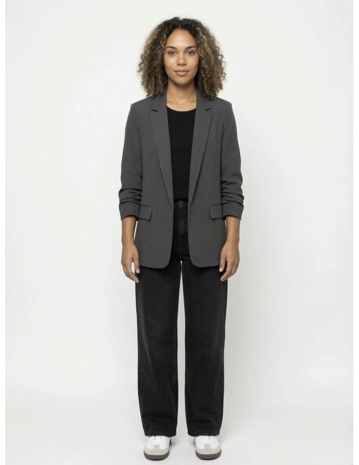 VESTE BLAZER UNI MANCHES FRONCÉS GRIS FONCÉ - FEMME