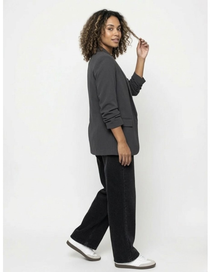 VESTE BLAZER UNI MANCHES FRONCÉS GRIS FONCÉ - FEMME
