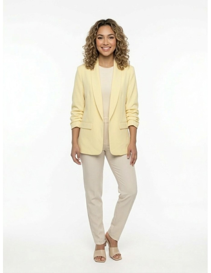 VESTE BLAZER UNI MANCHES FRONCÉS JAUNE PASTEL - femme