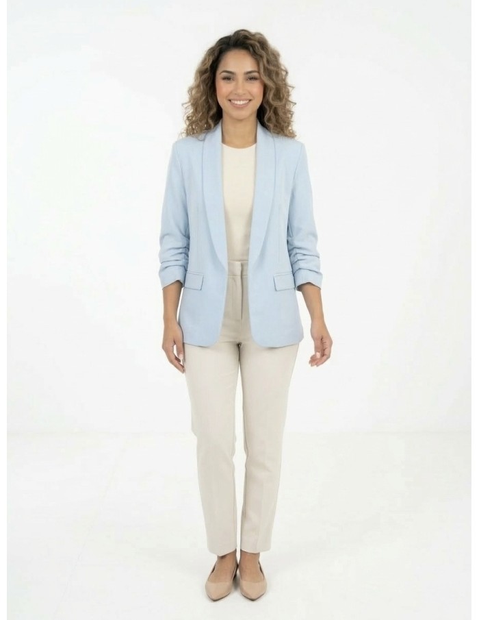 VESTE BLAZER UNI MANCHES FRONCÉS BLEU PASTEL - FEMME