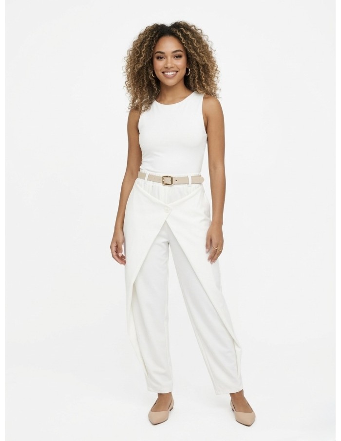 PANTALON FLUIDE BLANC & CEINTURE BEIGE - FEMME
