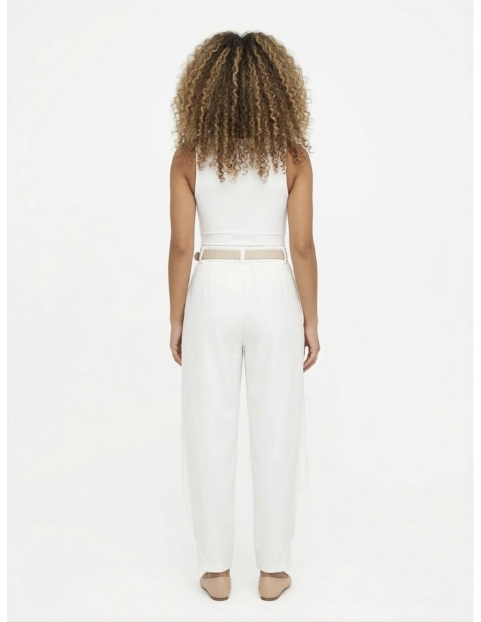 PANTALON FLUIDE BLANC & CEINTURE BEIGE - FEMME