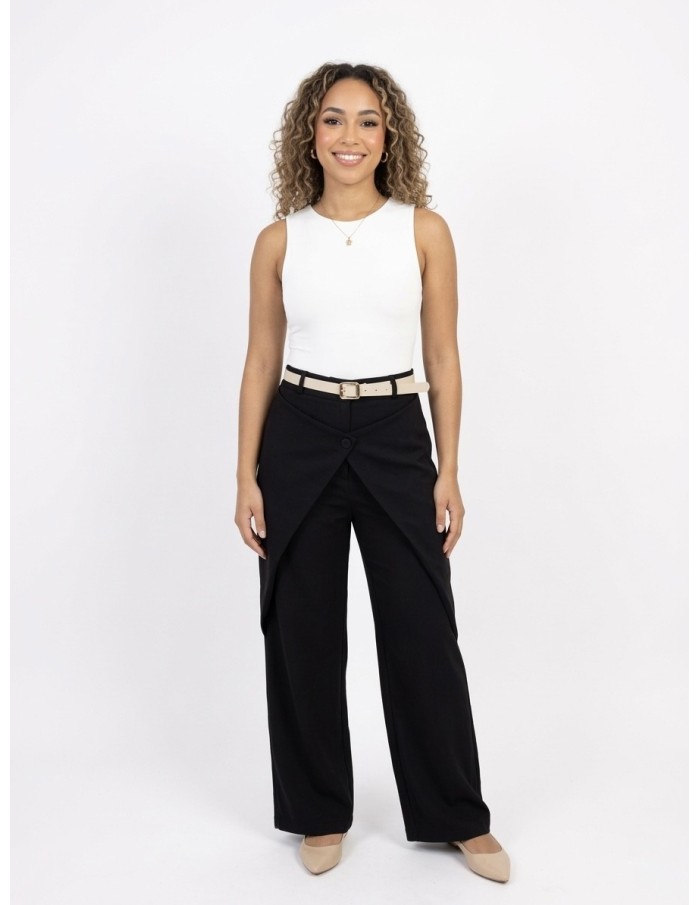 PANTALON FLUIDE NOIR & CEINTURE BEIGE - FEMME