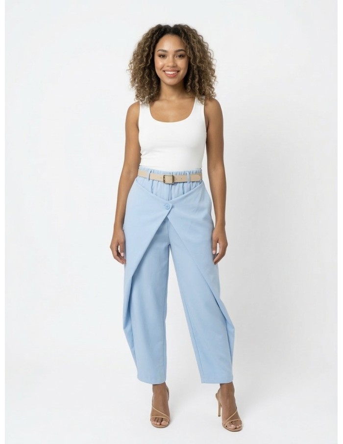 PANTALON FLUIDE BLEU CIEL & CEINTURE BEIGE - FEMME