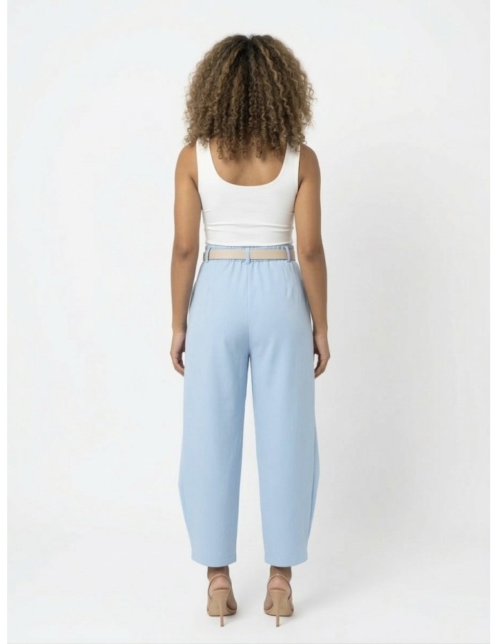 PANTALON FLUIDE BLEU CIEL & CEINTURE BEIGE - FEMME