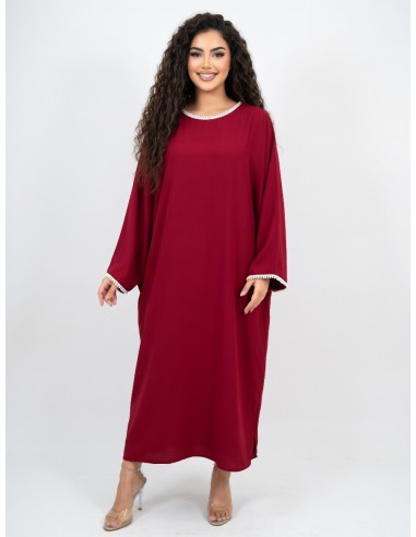 ROBE ABAYA COL ROND À PERLES BORDEAUX...