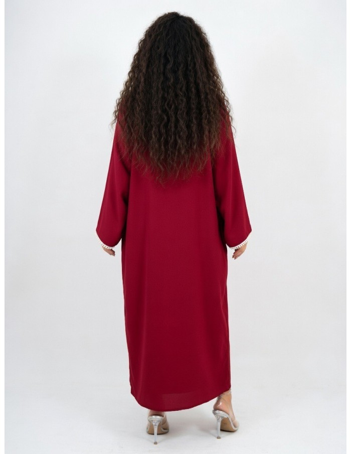 ROBE ABAYA COL ROND À PERLES BORDEAUX - FEMME