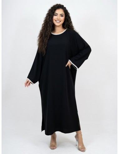 ROBE ABAYA COL ROND À PERLES NOIR -...