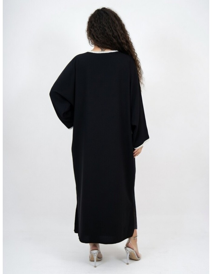 ROBE ABAYA COL ROND À PERLES NOIR - FEMME