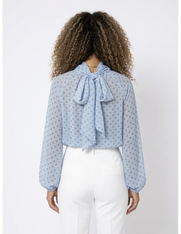 TOP BLOUSE BLEU CIEL À POIS & NŒUD DOS - FEMME