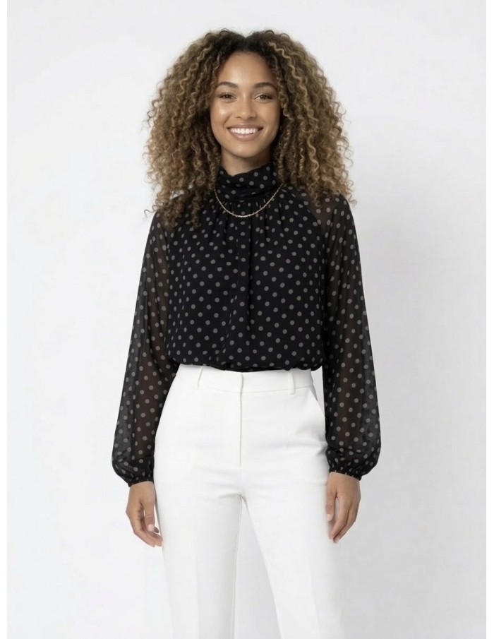 TOP BLOUSE NOIR À POIS & NŒUD DOS - FEMME