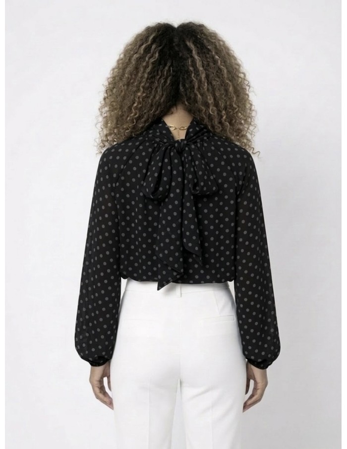 TOP BLOUSE NOIR À POIS & NŒUD DOS - FEMME