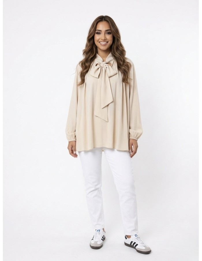 TOP BLOUSE Lavallière beige sable a noeud - FEMME
