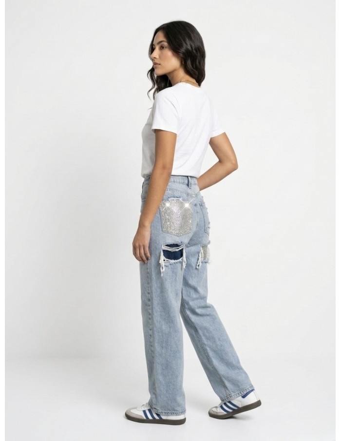 JEAN "WIDE LEG " POCHE STRASS & DÉTAILS DESTROY - FEMME