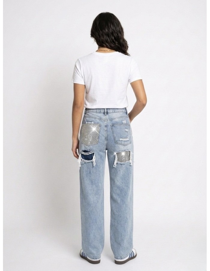 JEAN "WIDE LEG " POCHE STRASS & DÉTAILS DESTROY - FEMME