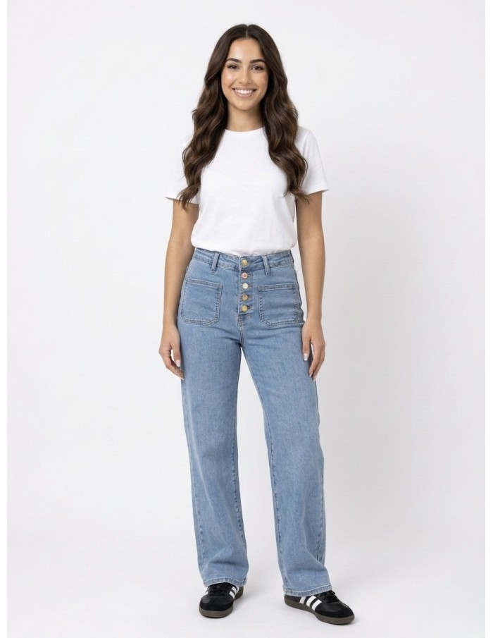 JEAN WIDE LEG BOUTONS COLORÉS & POCHES PLAQUÉES - FEMME