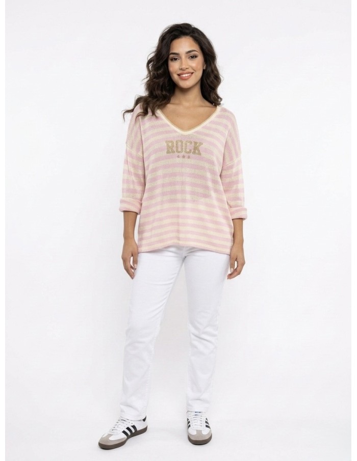 PULL RAYÉ "ROCK" ROSE & CRÈME - FEMME