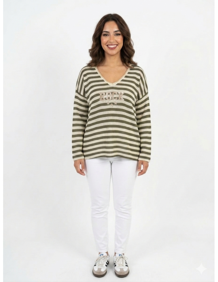 PULL RAYÉ "ROCK" KAKI & CRÈME - FEMME