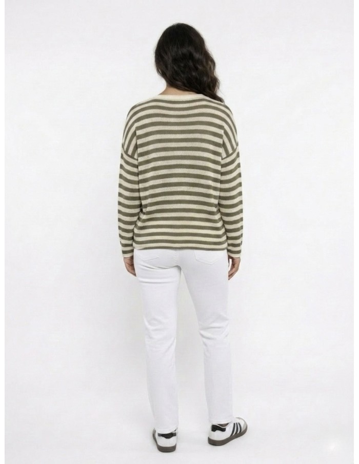 PULL RAYÉ "ROCK" KAKI & CRÈME - FEMME