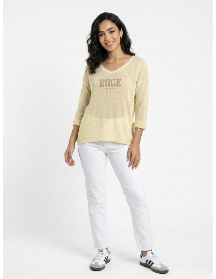 PULL RAYÉ "ROCK" JAUNE  - FEMME