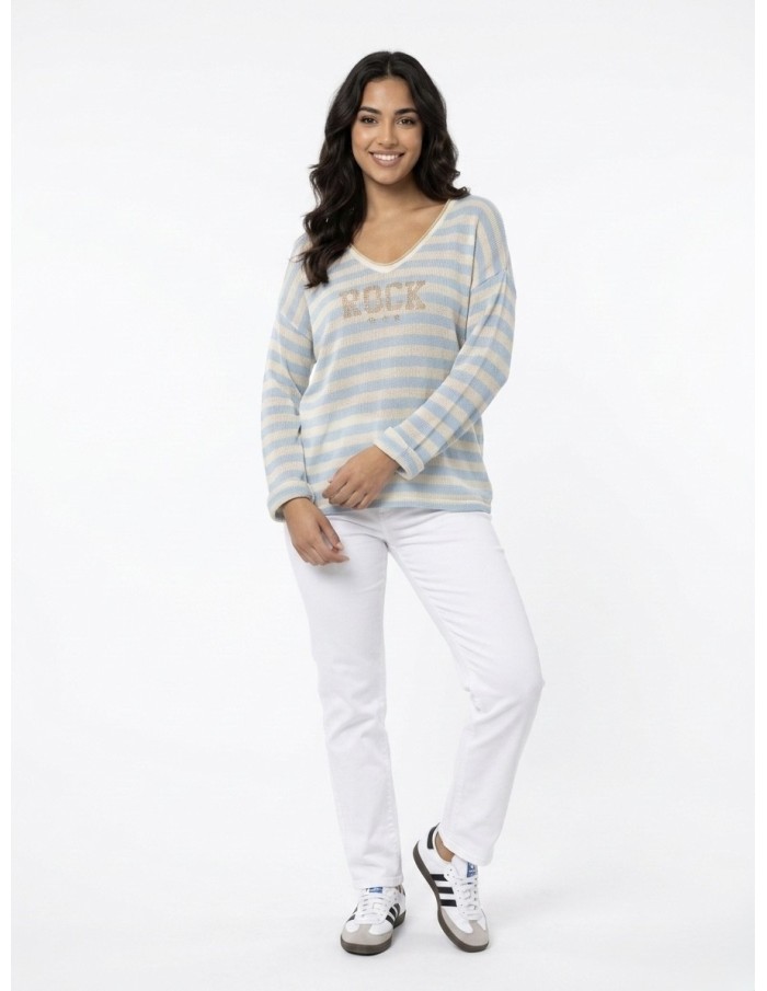 PULL RAYÉ "ROCK" BLEU CLAIR  - FEMME