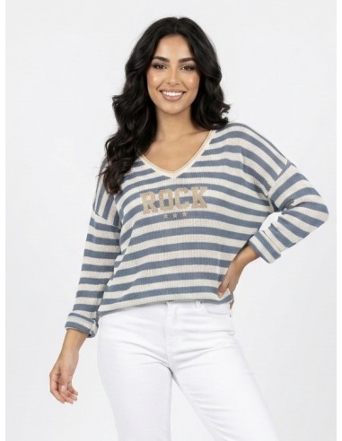PULL RAYÉ "ROCK" BLEU FONCÉ  - FEMME