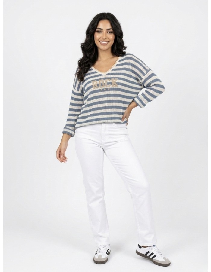 PULL RAYÉ "ROCK" BLEU FONCÉ  - FEMME