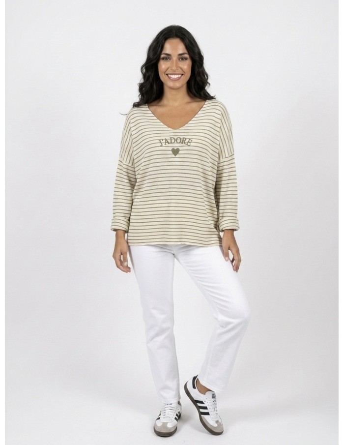 PULL RAYÉ "J’ADORE" VERT KAKI  - FEMME