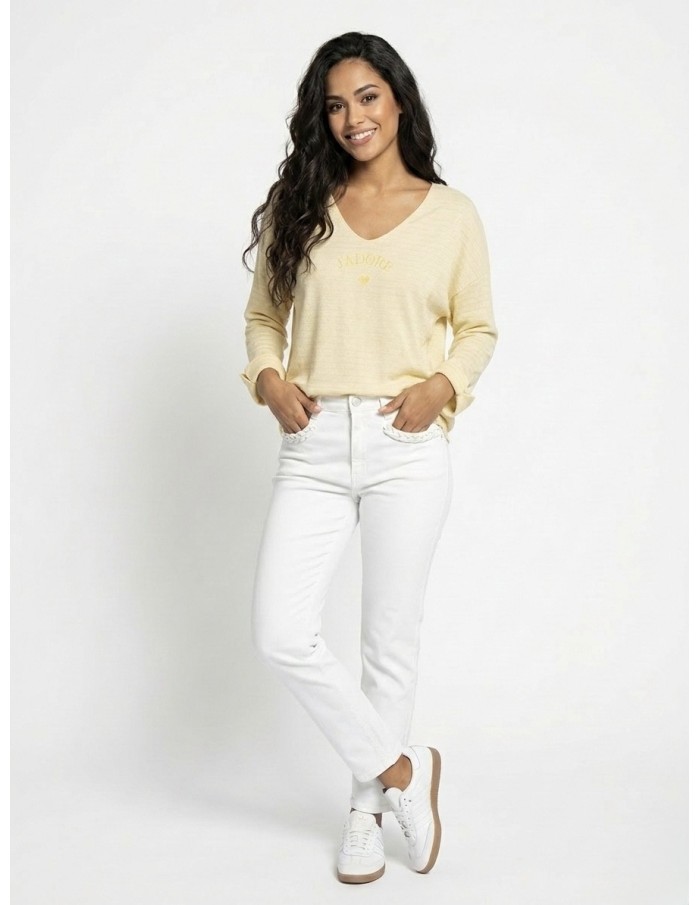 PULL RAYÉ "J’ADORE" JAUNE  - FEMME