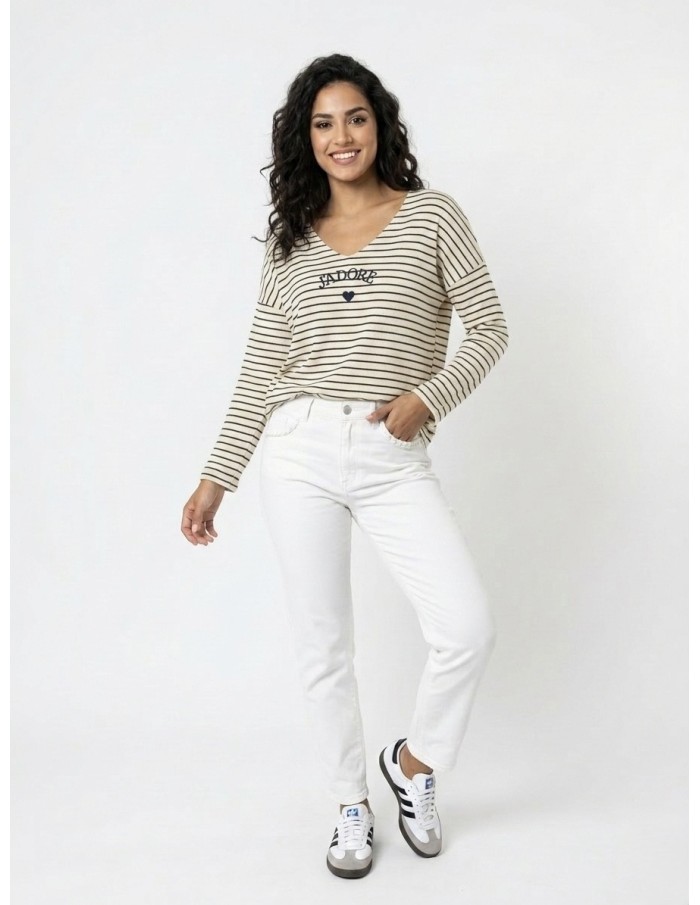 PULL RAYÉ "J’ADORE" BLEU  - FEMME