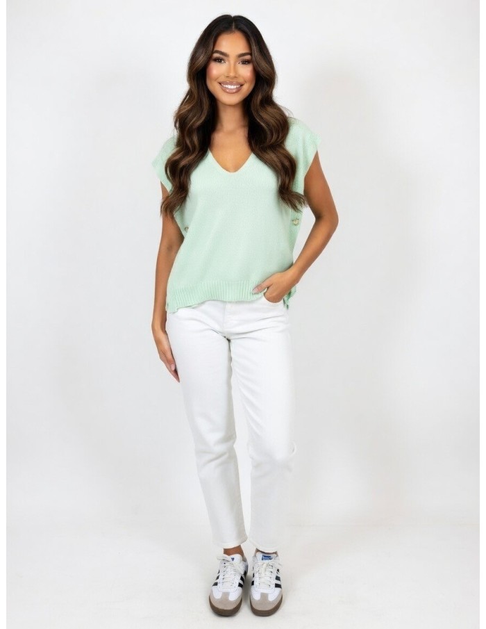 TOP PULL EN MAILLE SANS MANCHES VERT MENTHE - FEMME