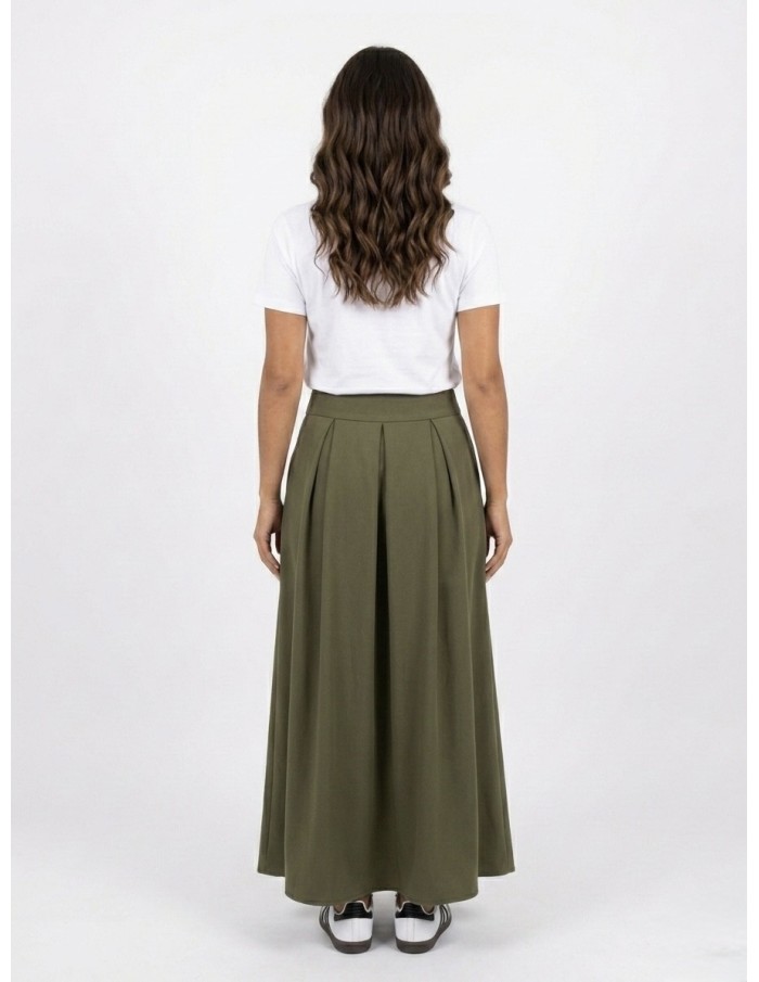 JUPE LONGUE ÉVASÉE KAKI – FEMME