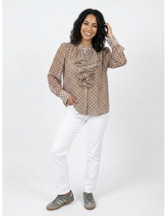 TOP CHEMISIER VOLANTÉ À POIS TAUPE CLAIR - FEMME
