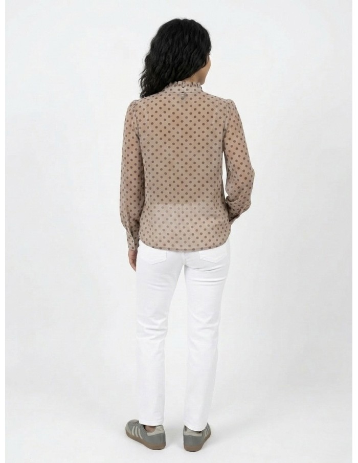 TOP CHEMISIER VOLANTÉ À POIS TAUPE CLAIR - FEMME