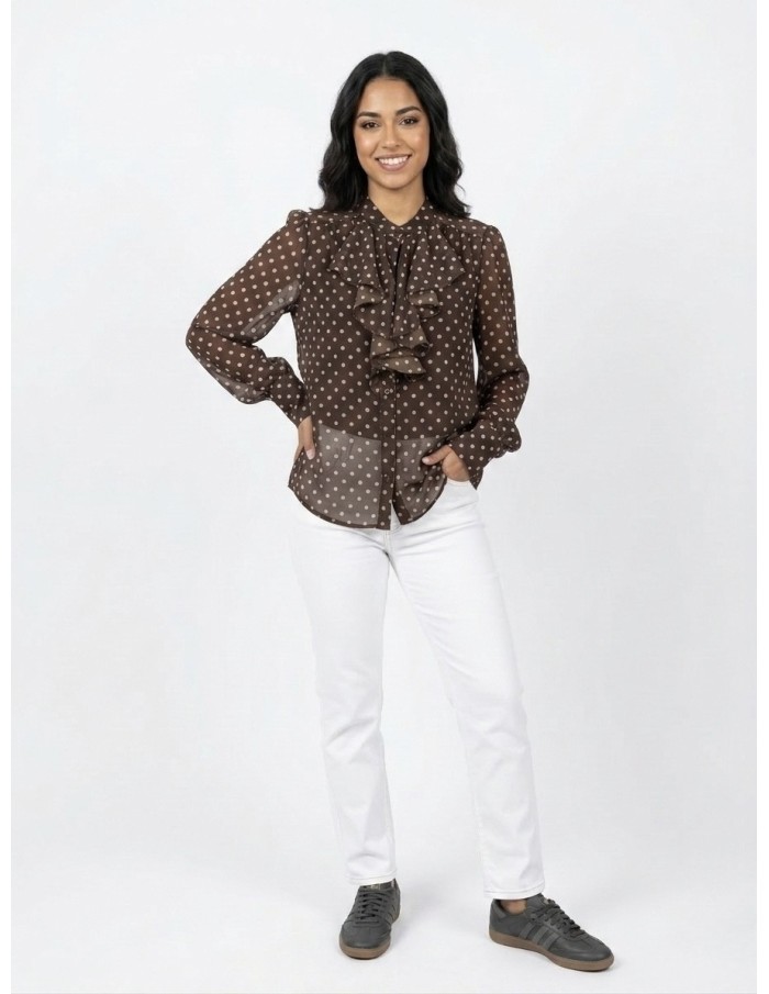 TOP CHEMISIER VOLANTÉ À POIS MARRON CHOCOLAT - FEMME