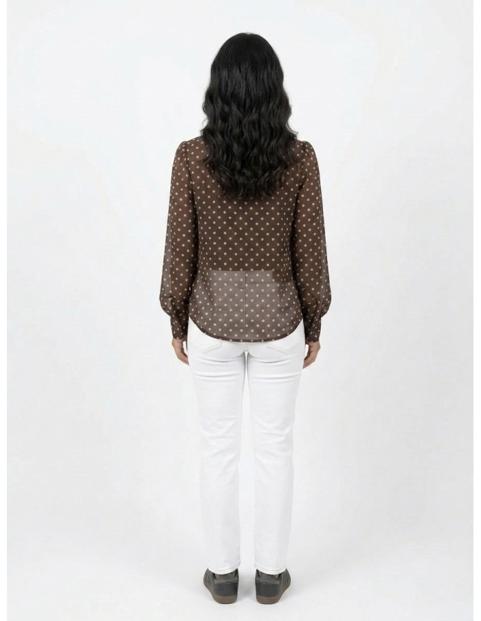 TOP CHEMISIER VOLANTÉ À POIS MARRON CHOCOLAT - FEMME