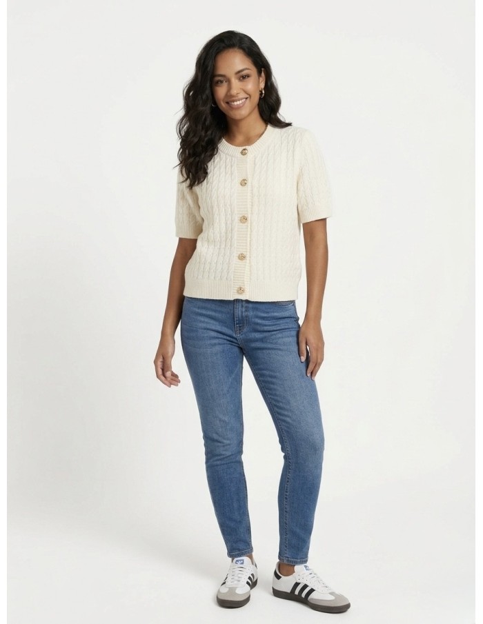 TOP PULL MANCHE COURTE MAILLE TORSADÉE  ÉCRU & BOUTONS DORÉS - FEMME