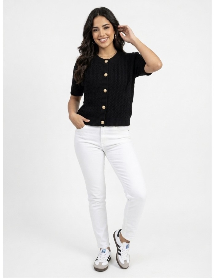 TOP PULL MANCHE COURTE MAILLE TORSADÉE  NOIR & BOUTONS DORÉS - FEMME