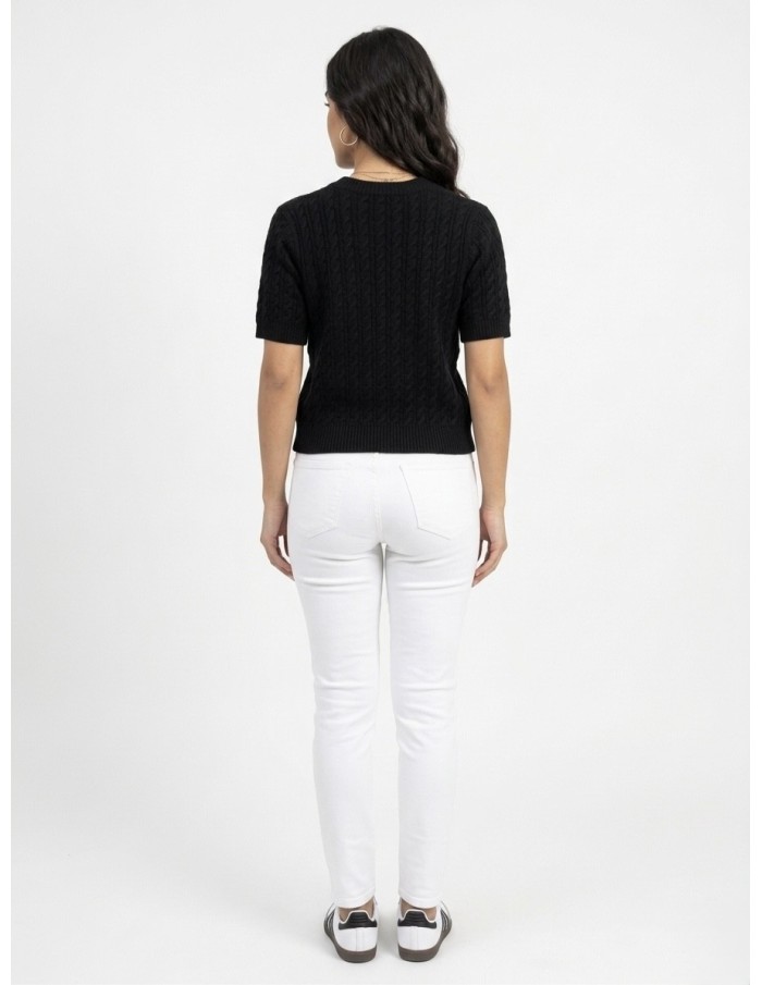 TOP PULL MANCHE COURTE MAILLE TORSADÉE  NOIR & BOUTONS DORÉS - FEMME