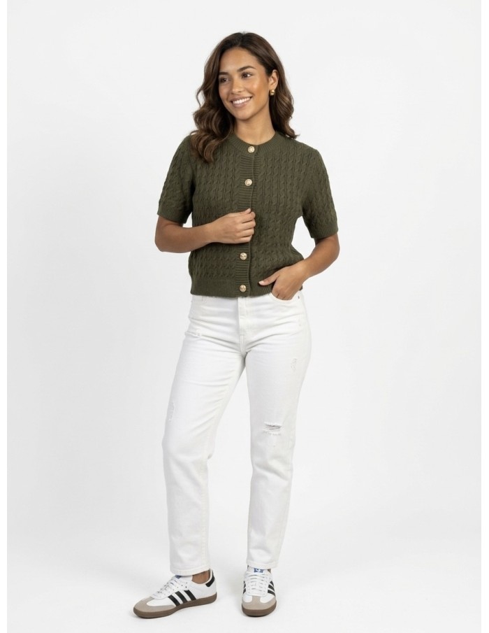 TOP PULL MANCHE COURTE MAILLE TORSADÉE KAKI & BOUTONS DORÉS - FEMME